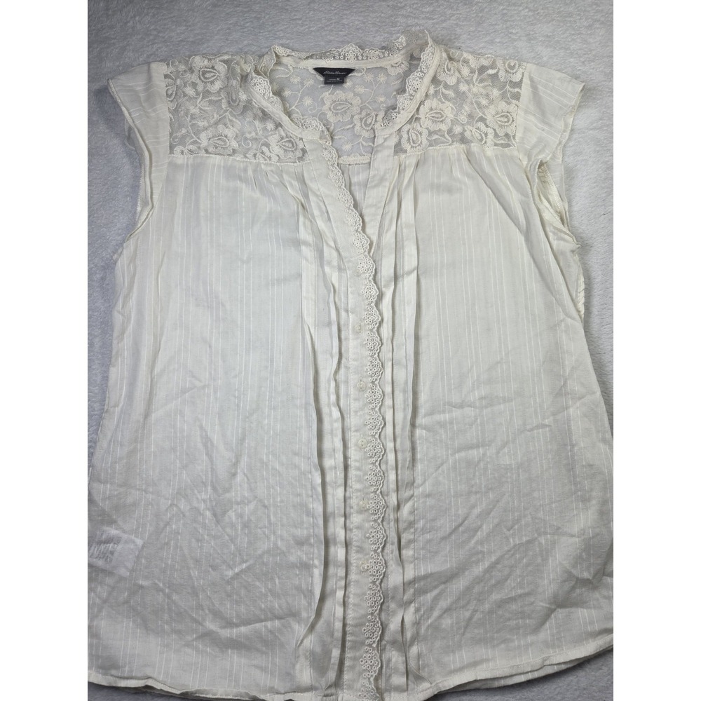 Eddie Bauer Womens M Ivory Lace Yoke Pintuck Blouse Cotton Boho Cottage Top
